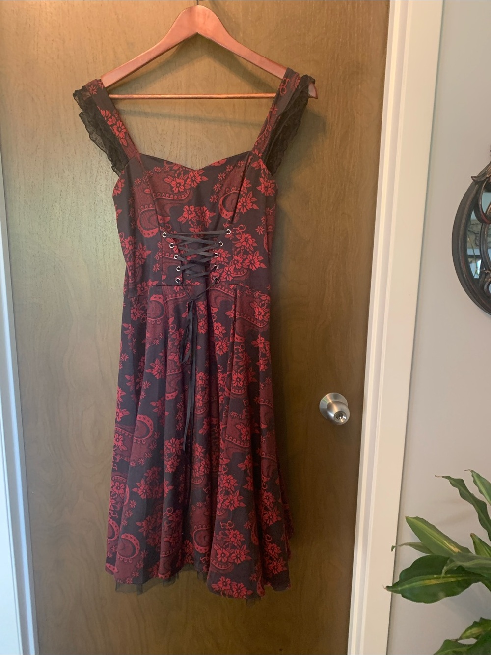 Lace-Up Red Floral Midi Dress with Lace Straps